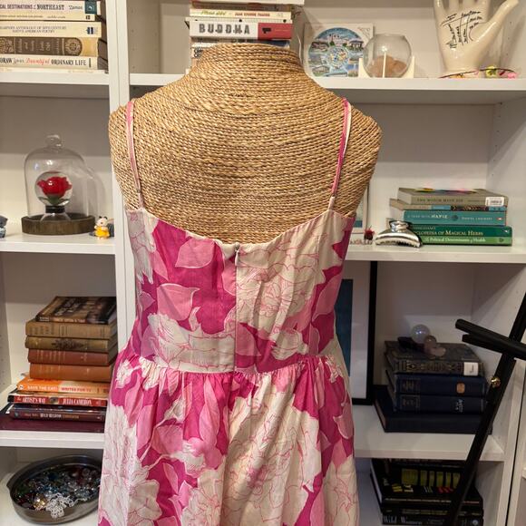 Trina Turk Silk Midi Dress Size 10 Pink White Floral Faux Wrap Adjustable Straps - Picture 8 of 8